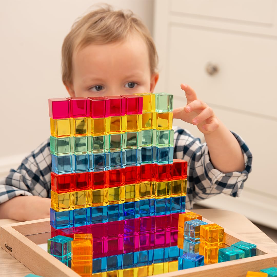 TickiT Gem Cube Mirror Tray, Rainbow Building Cubes, Stacking Blocks, Acrylic Gemstone Cubes, Stacking Toy