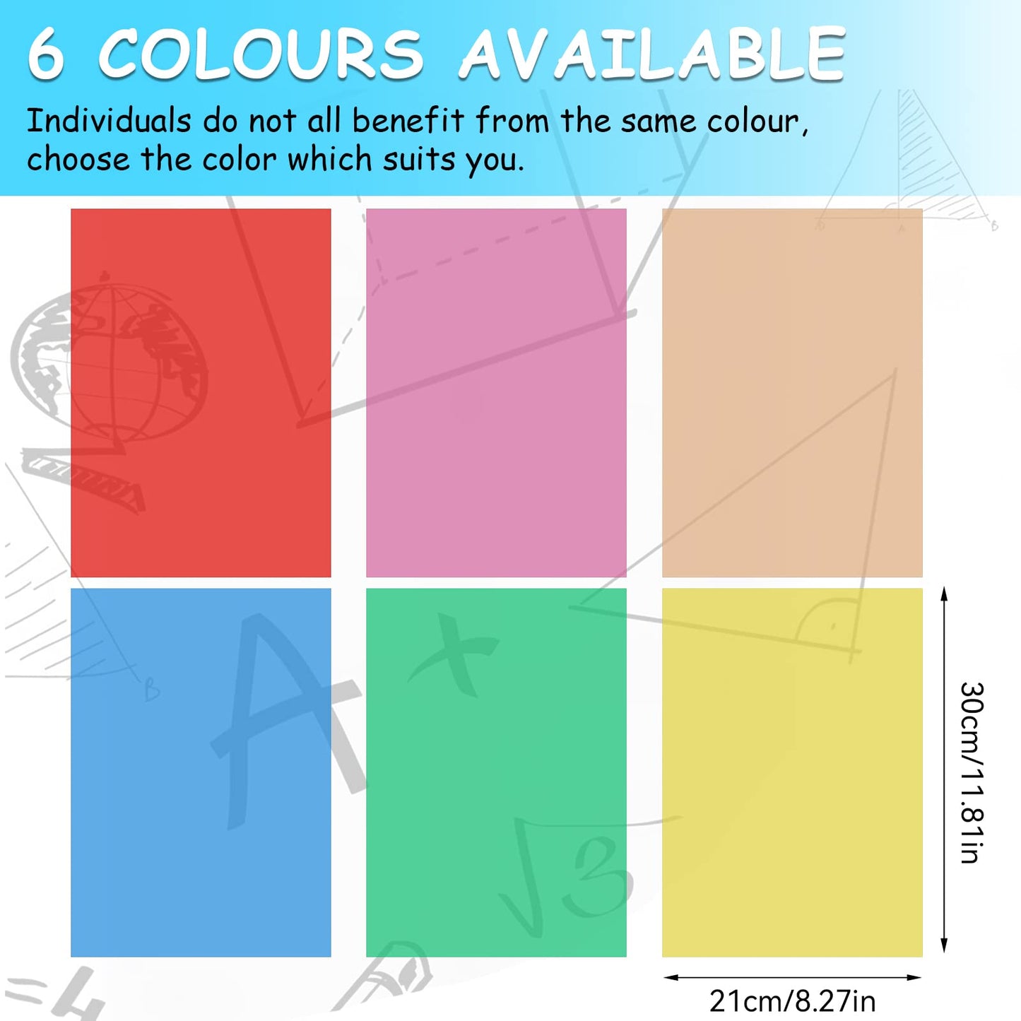 Weysoo Dyslexia Overlays, A4 Coloured Dyslexia Aids for Children, 6PCS Coloured Overlays