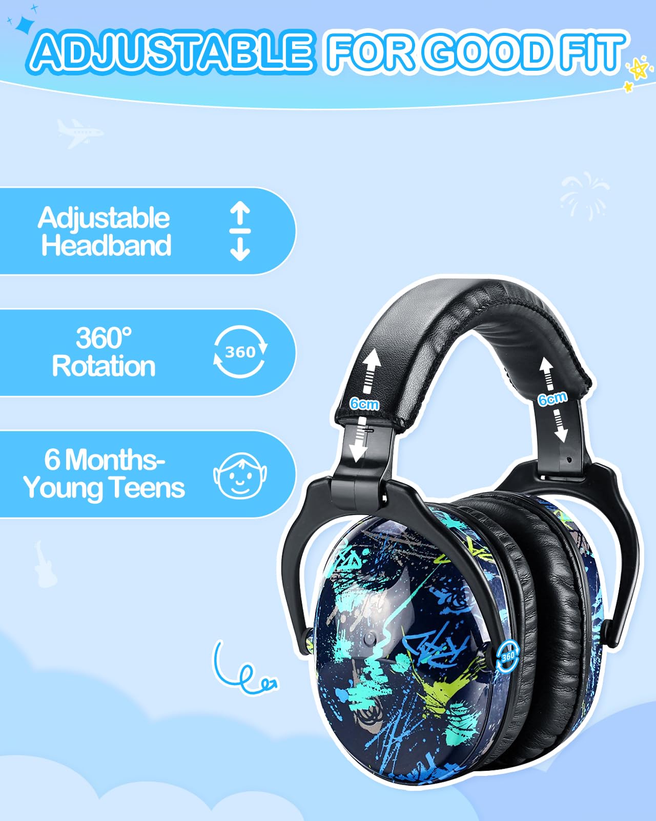 ZOHAN 030 Ear Defenders for Toddler Kids and Young Teens, Upgraded Hearing Protection Muffs for Children Have Sensory issues and Autism, Ideal for Fireworks, Concerts, Sports Events - Grafitti