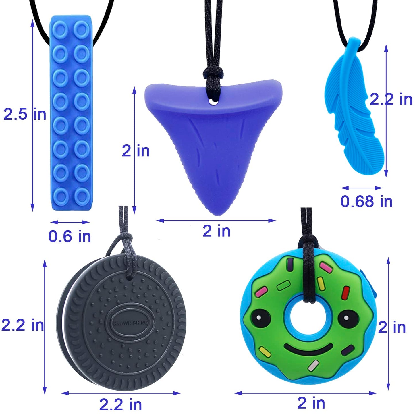 GNAWRISHING Chew Necklaces for Sensory Kids 5 Pcs Blue Sensory Chewy Toys for Autism