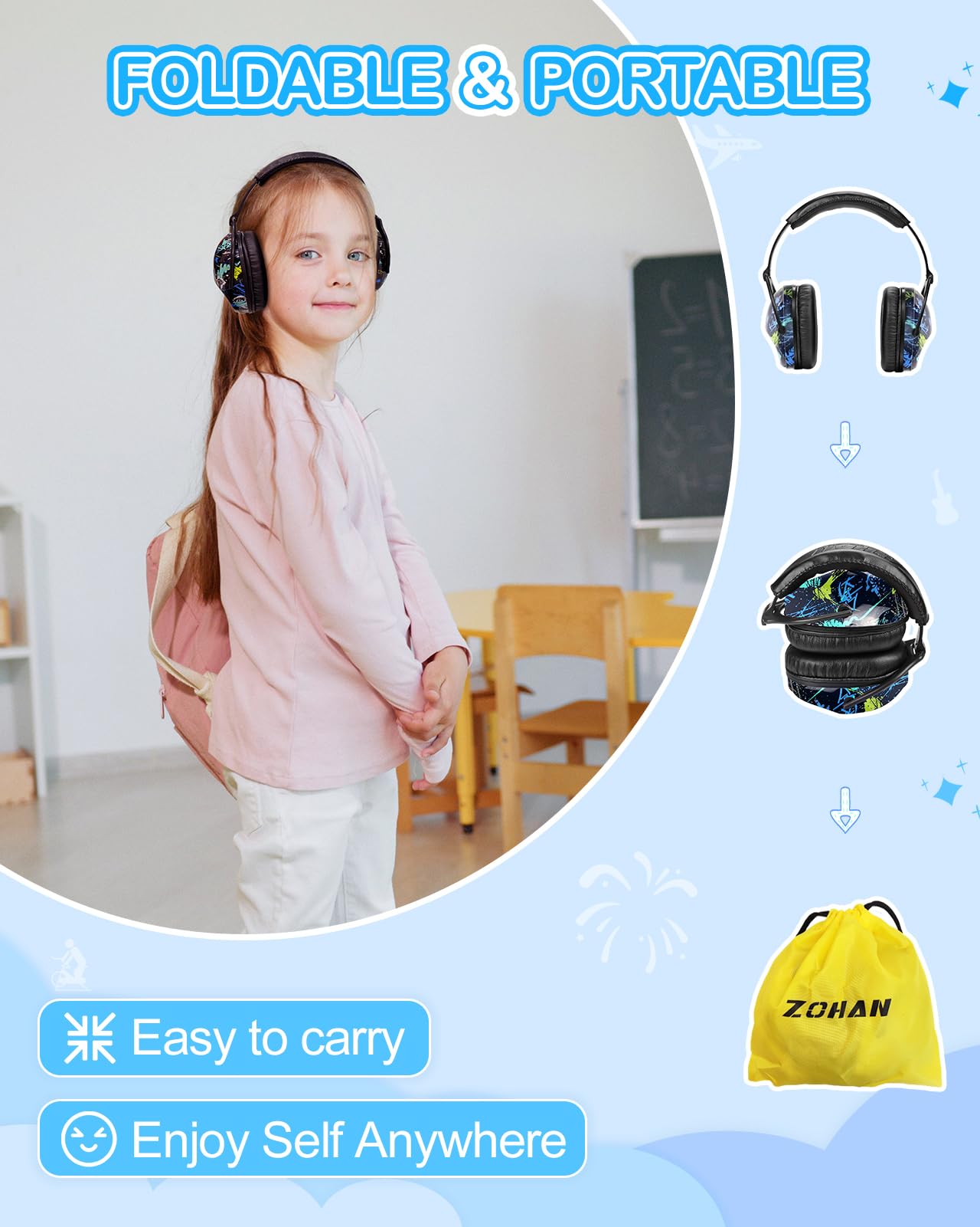 ZOHAN 030 Ear Defenders for Toddler Kids and Young Teens, Upgraded Hearing Protection Muffs for Children Have Sensory issues and Autism, Ideal for Fireworks, Concerts, Sports Events - Grafitti