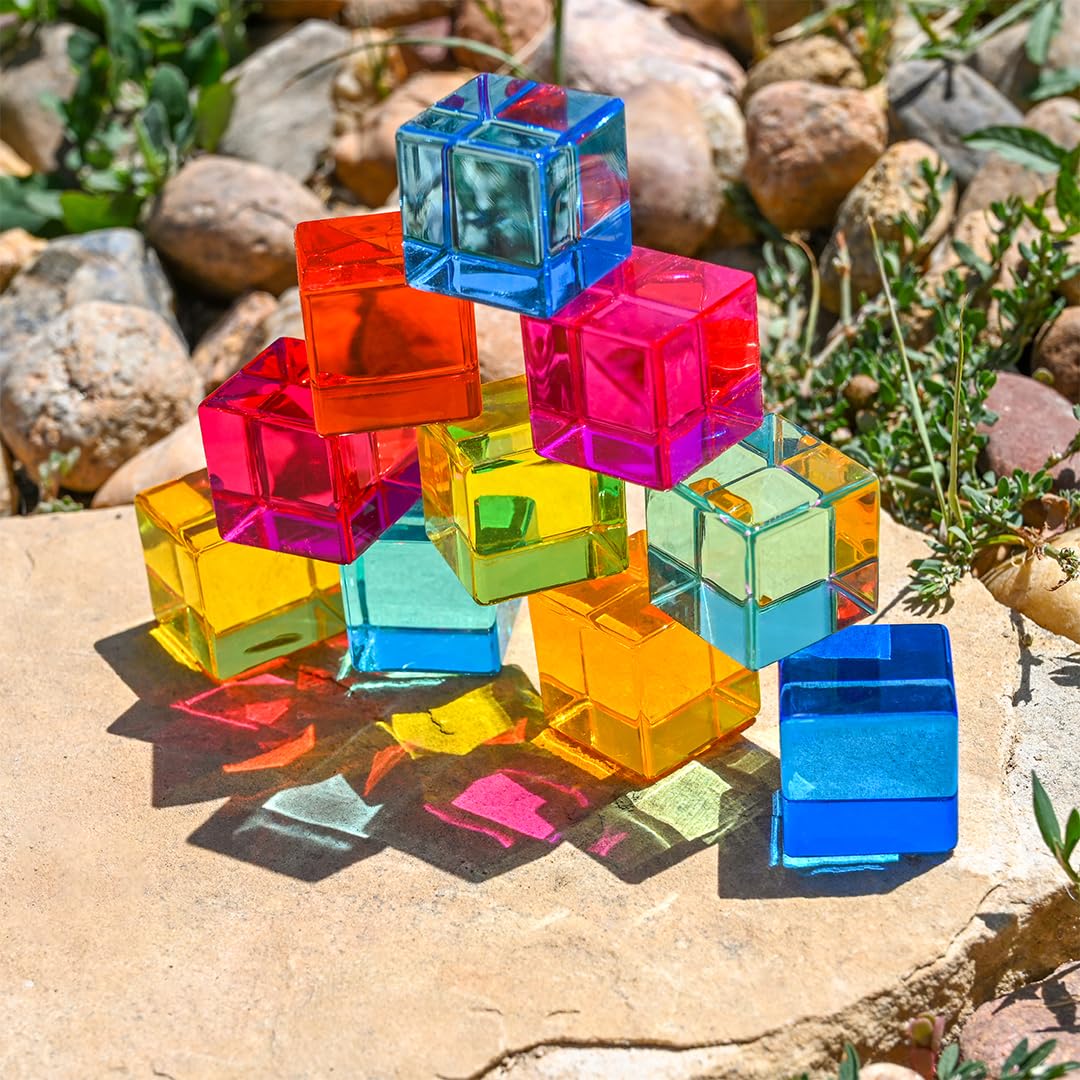 TickiT Gem Cube Mirror Tray, Rainbow Building Cubes, Stacking Blocks, Acrylic Gemstone Cubes, Stacking Toy