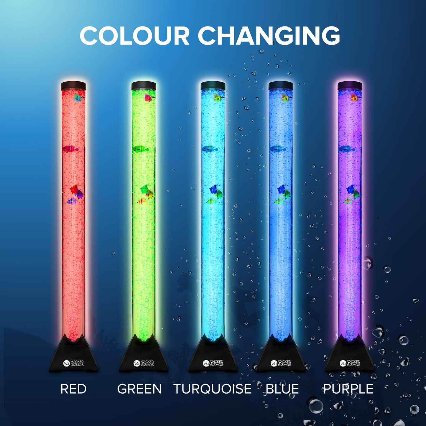 Wicked GIZMOS Large Colour Changing Bubble Lamp LED Light Tubular Freestanding Design with Bubbles and Fish (120cm)