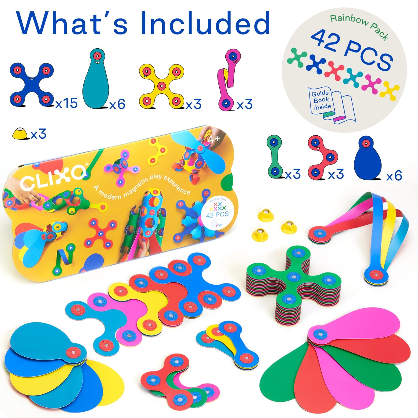 Clixo Rainbow 42 Piece Pack - Flexible, Durable, Imagination-Boosting Magnetic Building Toy- Modern, Modular Designs for Hours of STEM Play. A Multi-Sensory Magnet Toy, Travel Friendly. Ages 4-99