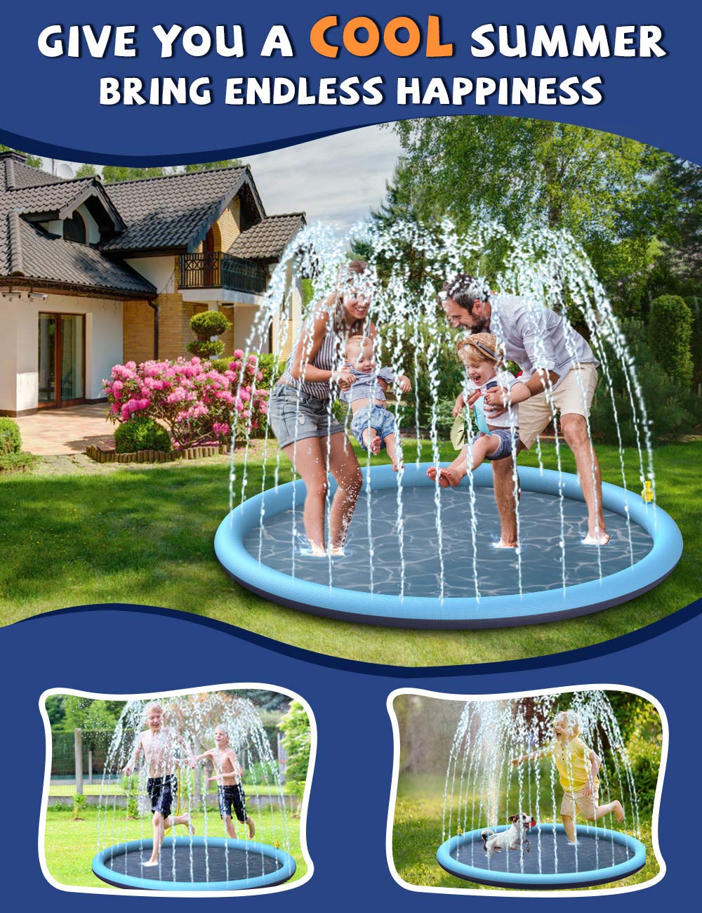 Splash Pad Sprinkler Mat, BOIROS Non-slip Water Sprinkler Pad for Kids & Dogs, 68 Inches Splash Mat Scratch-Proof, Garden Water Toys for Backyard Play Mat for Girls Boys Family Activities