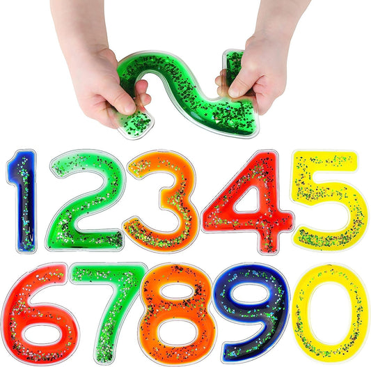 Playlearn Squidgy Sparkly Numbers 10 Pack Sensory Gel Shapes, Glitter & Colourful Liquid