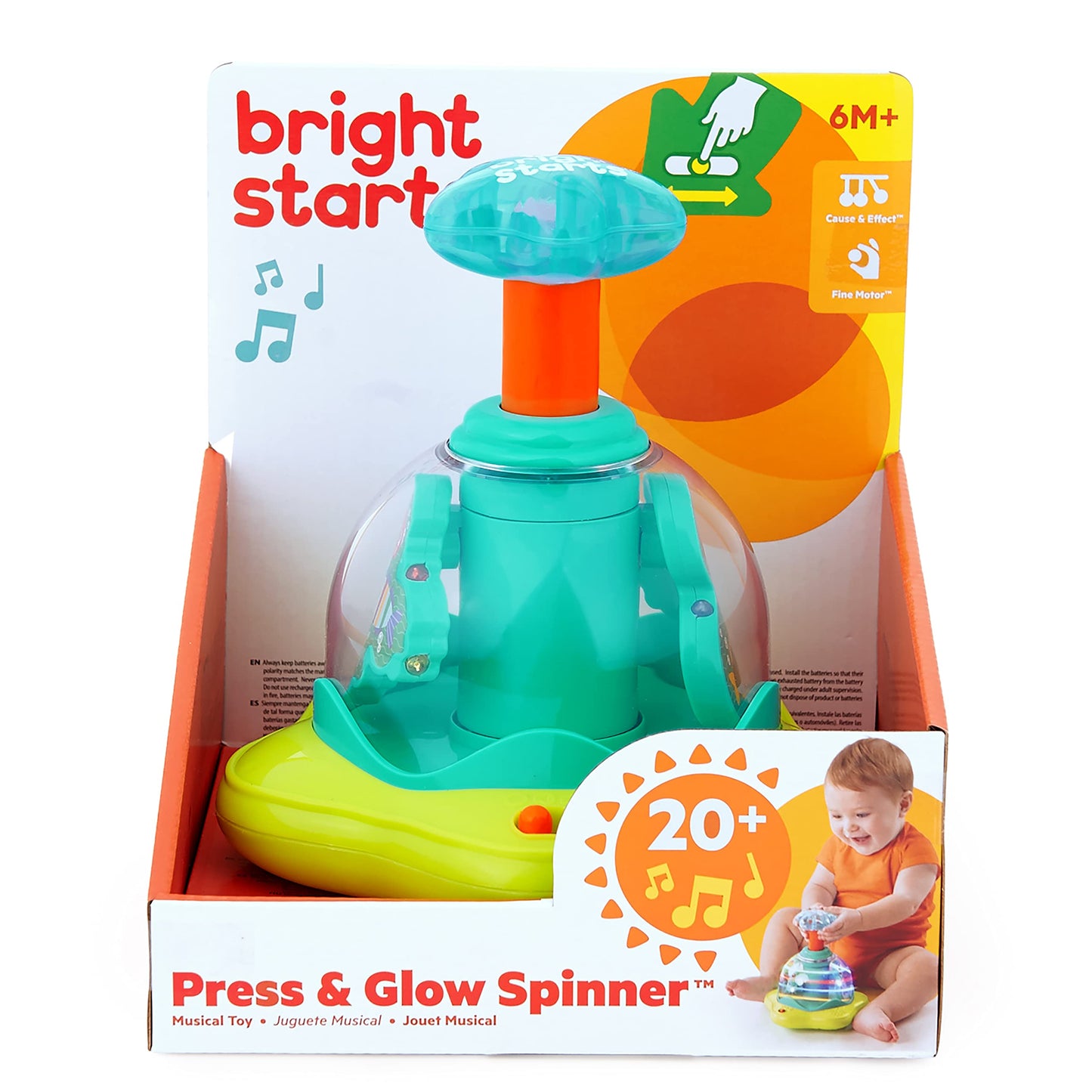 Bright Starts Press and Glow Spinner Cause And Effect Musical Baby Toy, Age 6 Months+, Multicoloured, 1 Count, Pack of 1