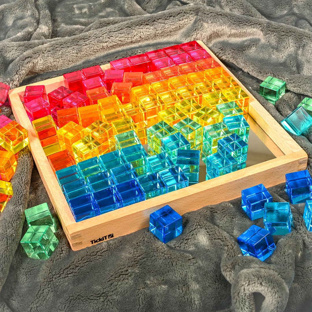 TickiT Gem Cube Mirror Tray, Rainbow Building Cubes, Stacking Blocks, Acrylic Gemstone Cubes, Stacking Toy