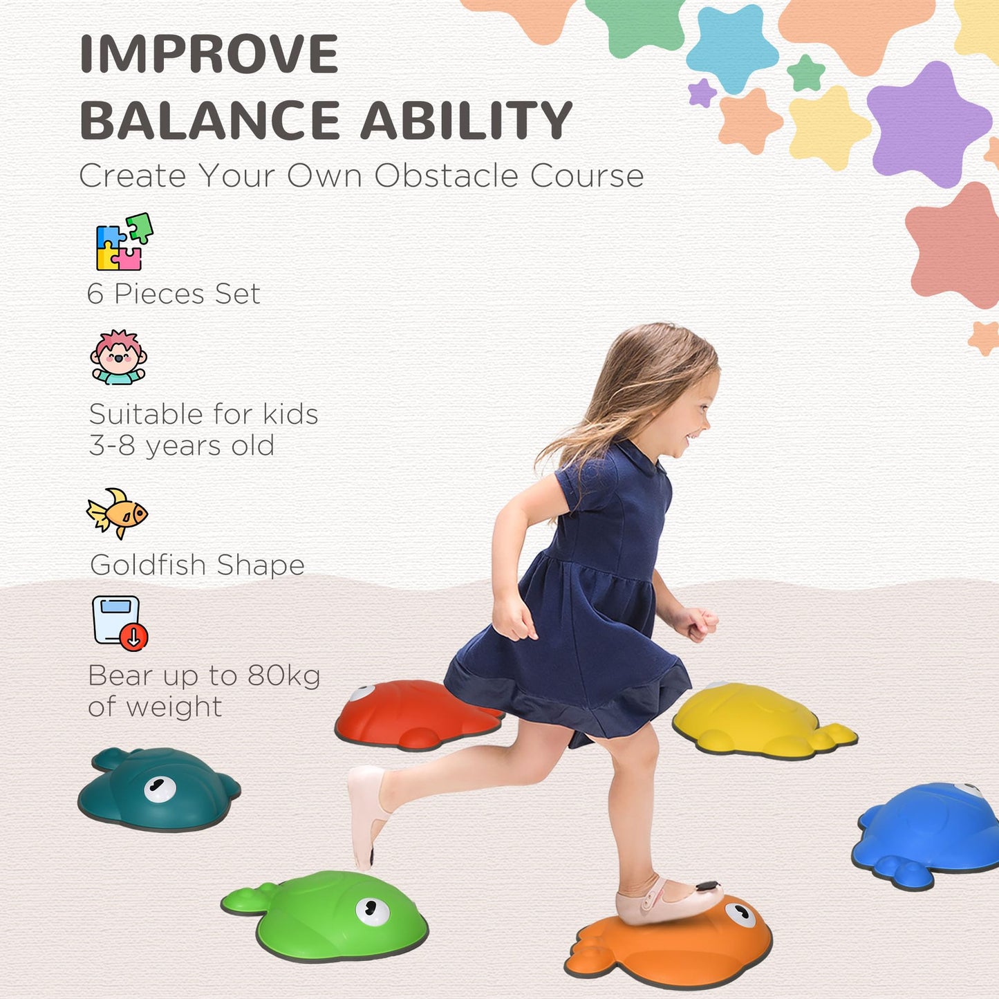 AIYAPLAY Stepping Stones Kids, 9 Pcs Goldfish Shaped Balance Stepping Stones for Sensory