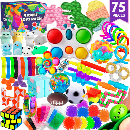 75 pcs Fidget Toys Kids Pack - Pinata Fillers, Party Favours, Classroom Prizes, Stress Relief, Treasure Chest Goodie Bag Rewards with Pop its for ADHD, Autism Bulk Fidgets Box Gifts for Boys and Girls